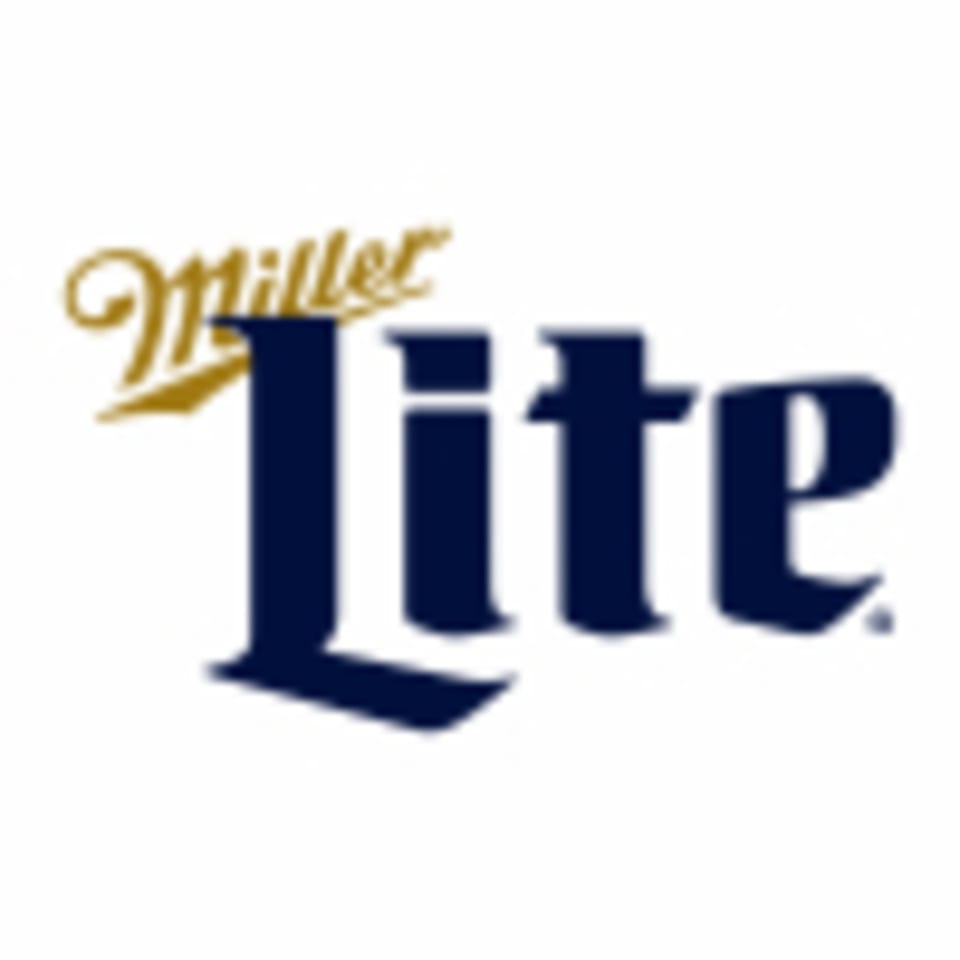 Miller Lite logo with "Miller" in gold script above "Lite" in bold blue letters.