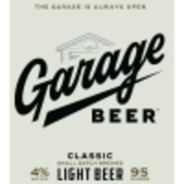 A light beer label for "Garage Beer" with a garage outline and text details.