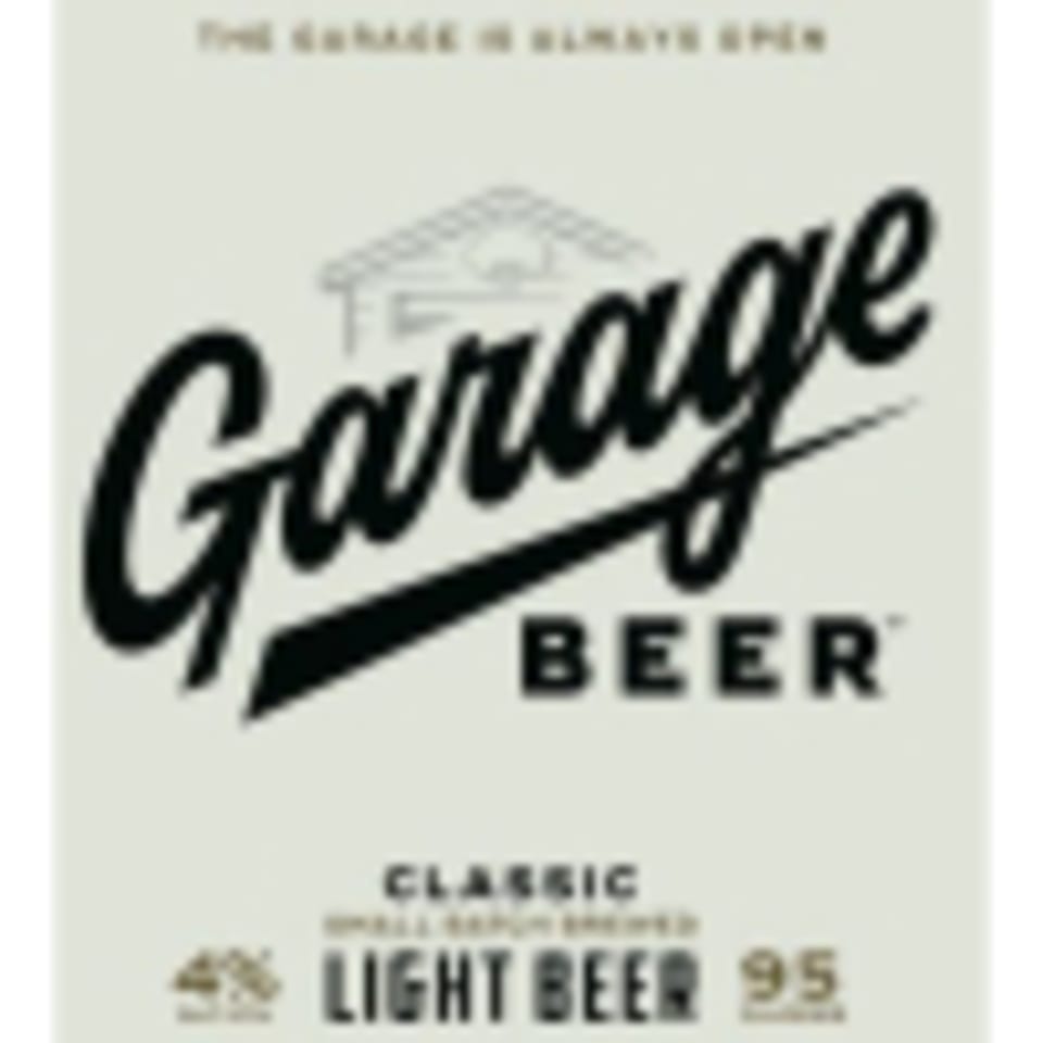 A light beer label for "Garage Beer" with a garage outline and text details.